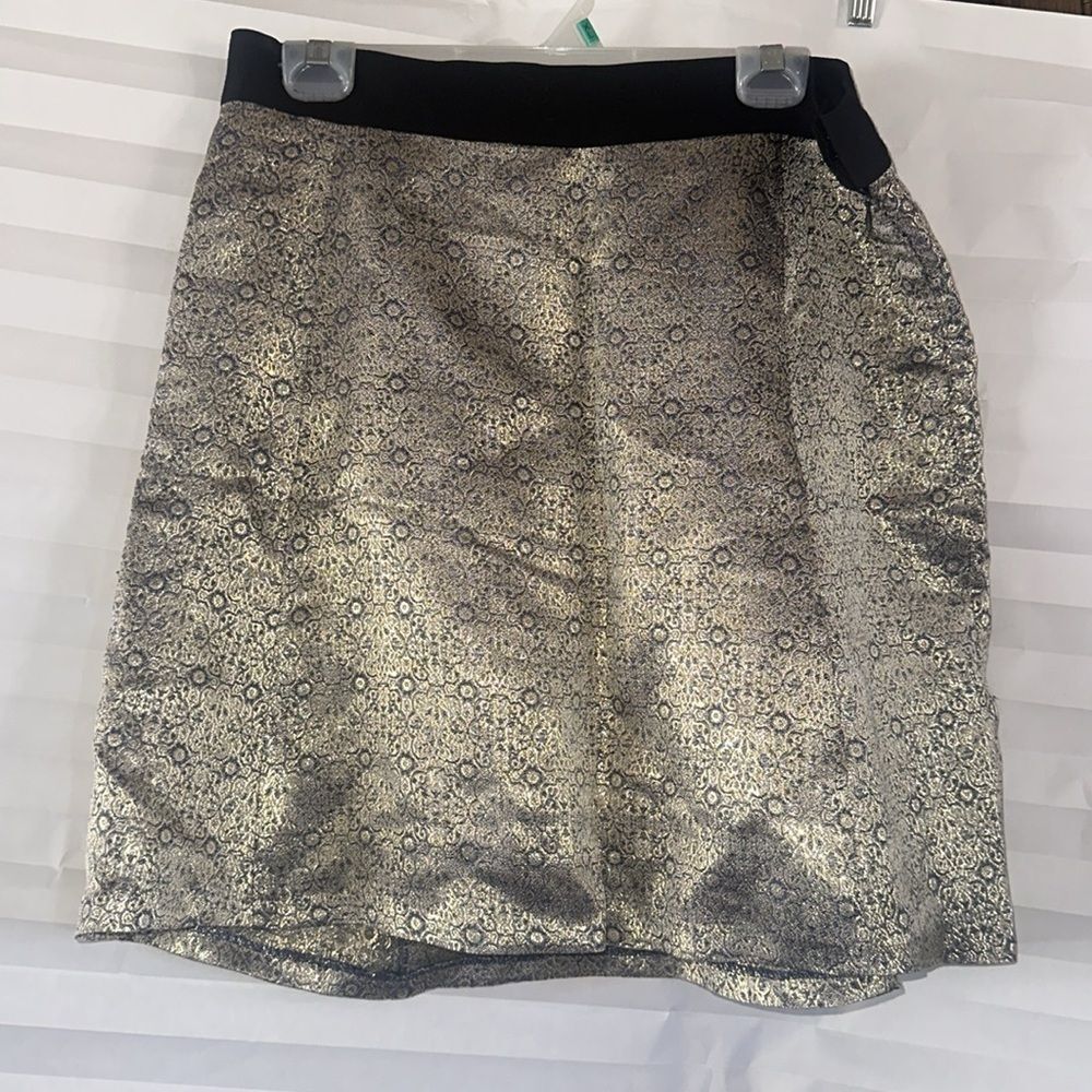 Narciso Rodriguez Women’s Brocade Skirt Gold Blue Black Side Zip Size 14 Elegant